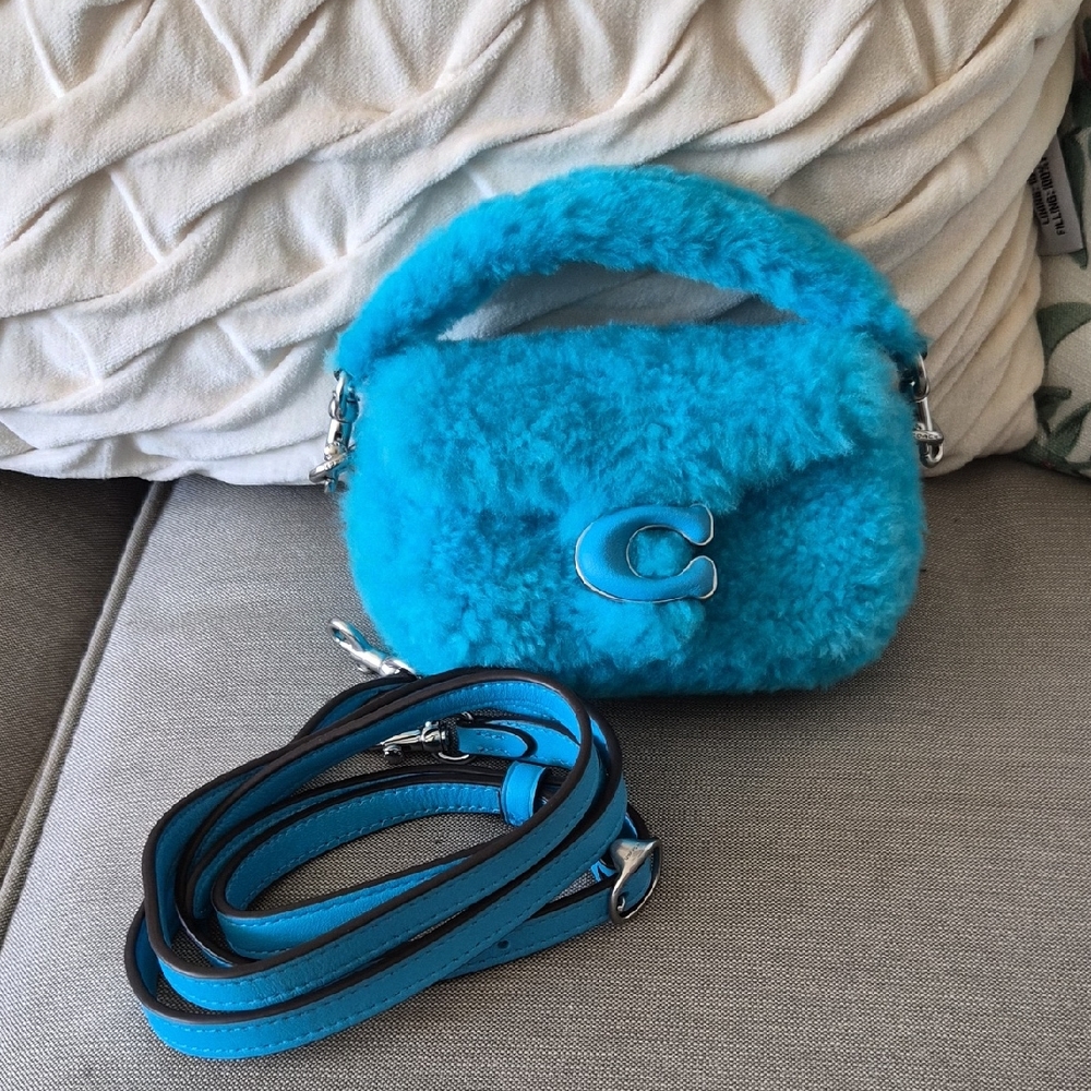 Coach Shearling Mini Bag Tabby 12 in Turquoise with Removable Strap